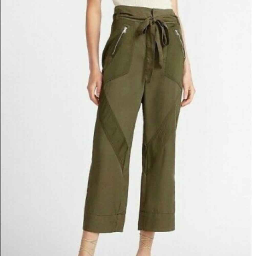 Express Olive Green Wide-Leg Tie-Waist Pants